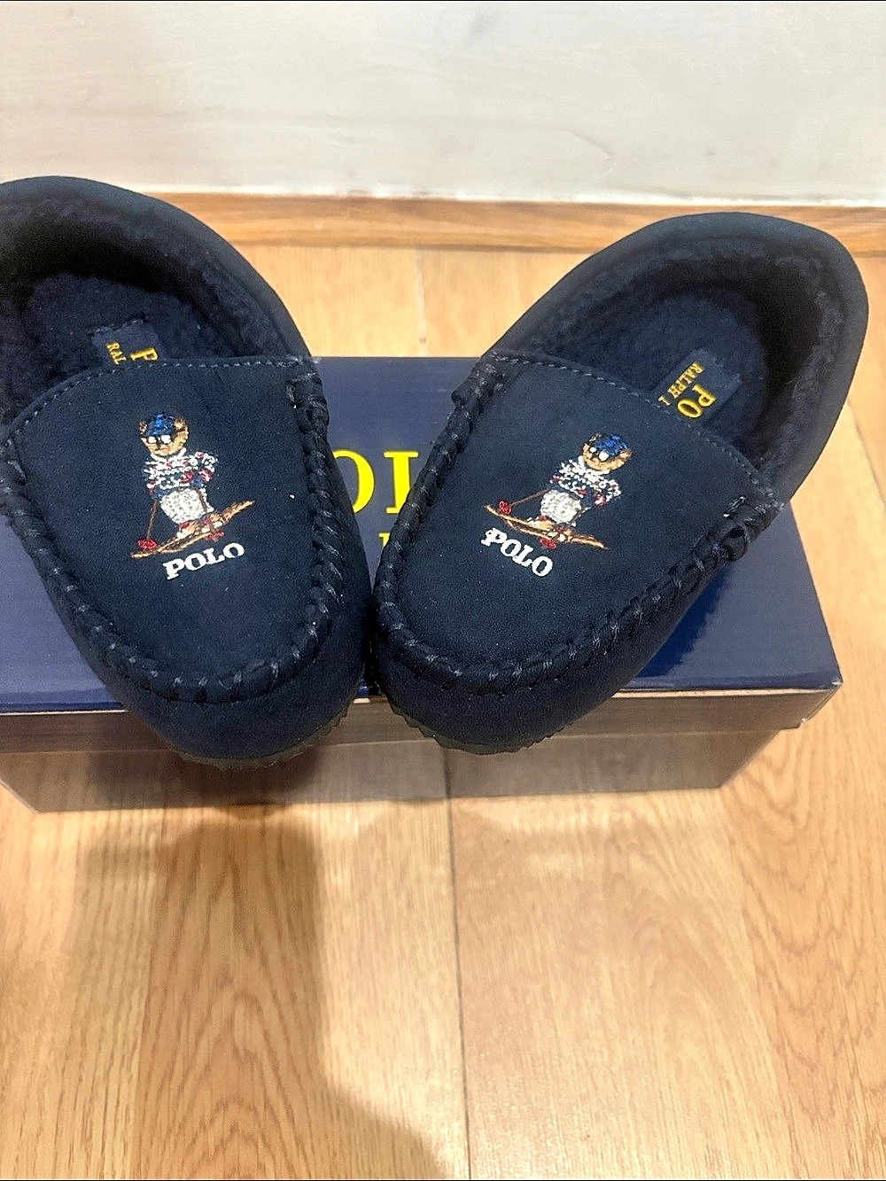 Polo Ralph Lauren Navy Dezi IV Polo Bear Faux-Shearling Slipper Kids Moccasins - Picture 2 of 5